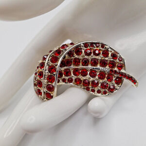 Vintage Leaf Brooch, Red Rhinestones, Gold Tone Plating, 1950s